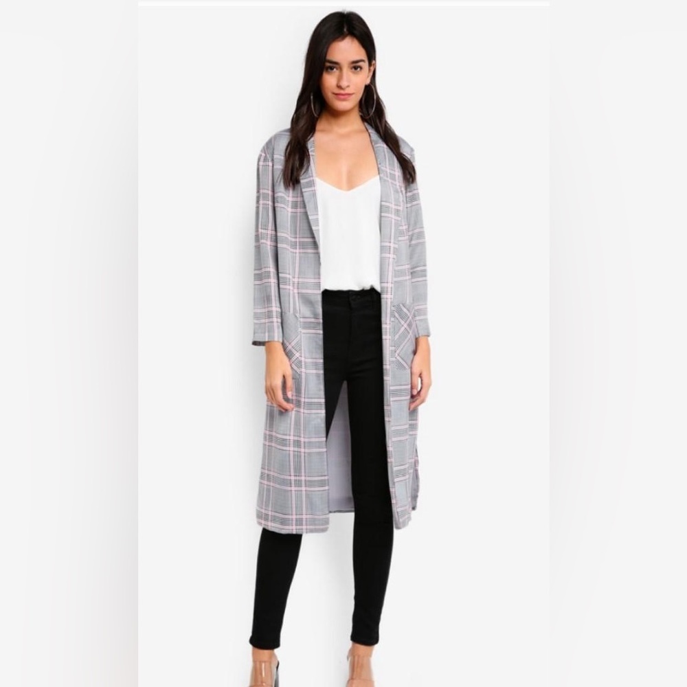 Topshop Checked Duster Coat Size 0 Open Front Lightweight ✅